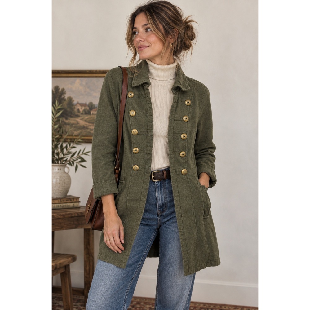 Cabi 587 Military Jacket Womens M Olive Green Cotton Knit Pleated Peplum